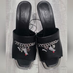 DKNY Black Slide Heels with Silver Chain Charm Accents 8.5